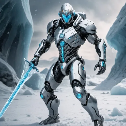 Prompt: cryokinesis warrior in a cyborg suit with a ice sword