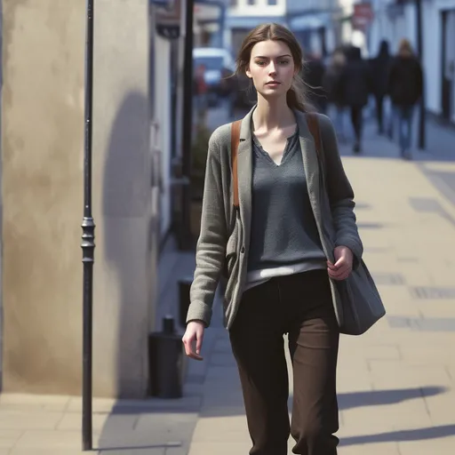 Prompt: Tall young woman walking down the high street, detailed clothing, realistic, natural lighting
