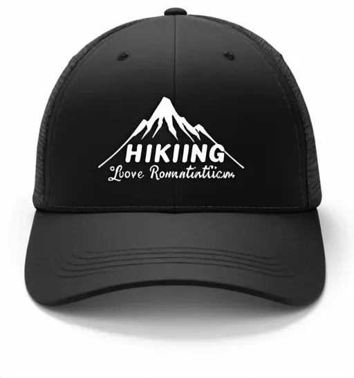 Prompt: a black hat with the words i love hiking on it and a mountain in the background with a white outline, Ada Hill Walker, american romanticism, features intricate detail, a digital rendering