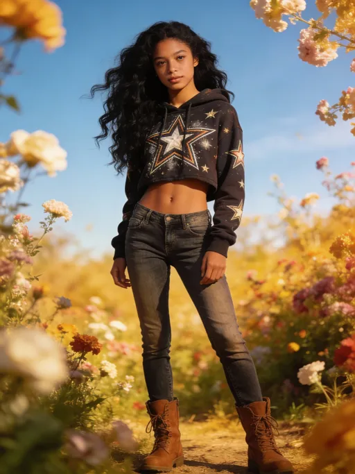 Prompt: full body shot front view of Photorealistic art style KEYLA WONDER, is a young woman around the age of 16. With long black curly hair. her skin tone is a very light brown. her body type is a slim build. she is wearing a rock star hoodie and a pair of jeans and brown boots  face to viewer, background is a suitable beautiful scene