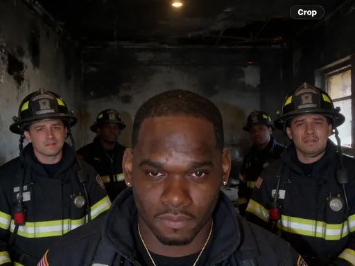 Prompt: The young man is a firefighter in deep thought after a fire you can see the pain in his eyes from his last call . Other firefighters in the room with him with similar looks of pain in the eyes and even one of them has shed a few tears 