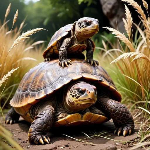 Prompt: half-mongoose half-turtle : fantasy setting : D&D style art : photorealistic : hyperdetailed : deep colors : bold colors : tall grass surroundings