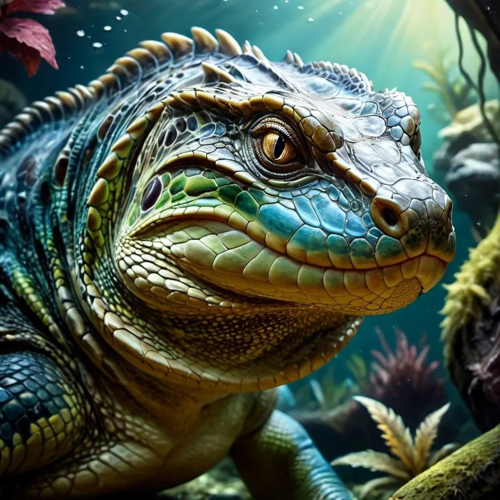 Prompt: mammal with a reptilian features : fantasy setting : D&D style art : photorealistic : hyperdetailed : deep colors : bold colors : underwater