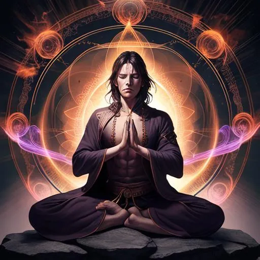 Prompt: High resolution, high fantasy, male, spiritualist, using Chi, meditating, action pose    