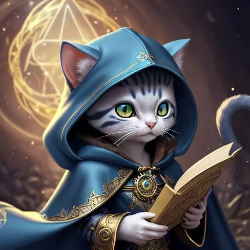 Prompt: high resolution, high fantasy, tiny anthropomorphic cat, Spellcaster, fine clothing, a blue gold cloak, 