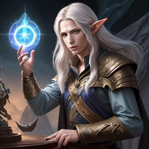 Prompt: high resolution, fantasy, highly detailed face, male, Elven, spellcaster, on the deck of a ship, magical aura, battle pose