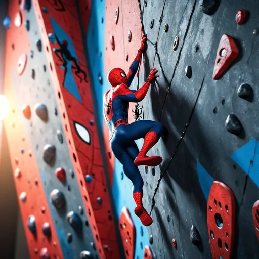 Prompt: Spider-Man (mid-climb pose), gripping holds on a climbing wall, (indoor climbing gym), displaying strength and agility, iconic red and blue suit, dynamic stance, vibrant colors, high energy atmosphere, soft gym lighting, ultra-detailed, capturing action in motion, dramatic angles, showcasing focus and determination in Spider-Man’s expression.