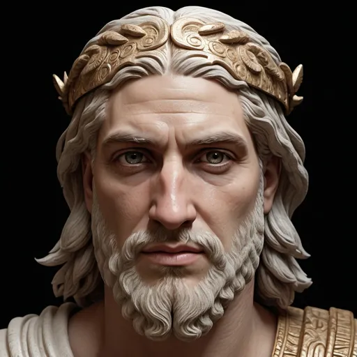 Prompt: (Photorealistic portrait of a god Hephaistos), white color scheme, precise details, faithfully , realistic textures, highly detailed facial features and expressions, lifelike skin tones, intricate patterns, historical authenticity, warm lighting, black background representing darkness environment, The face look at the down in direction the time who pass, 4K, ultra-detailed, high resolution, cinematic quality, professional level rendering.