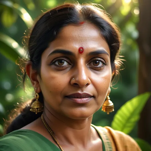 Prompt: photorealistic, close-up portrait of an (Indian Kerala middle-aged woman), showcasing intricate facial features, expressive eyes, warm golden lighting enhancing skin texture, surrounded by lush green foliage, reflecting cultural richness, serene ambiance, soft shadows emphasizing details, high definition, ultra-detailed 4K image, nature backdrop enhancing subject beauty.