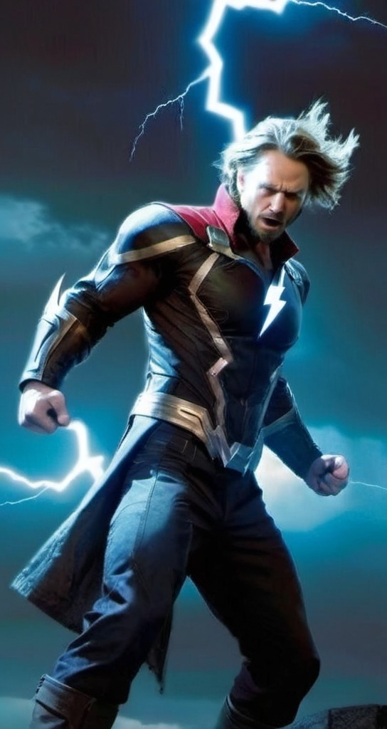 Prompt: a man in a suit with a lightning background and a lightning bolt in the background, with a lightning bolt in the foreground, Aleksi Briclot, shock art, marvel comics, a poster