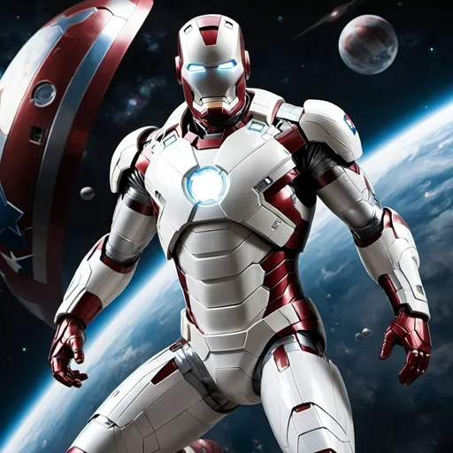 Prompt: White iron man in suit of captain America in space full of spacecraft 
