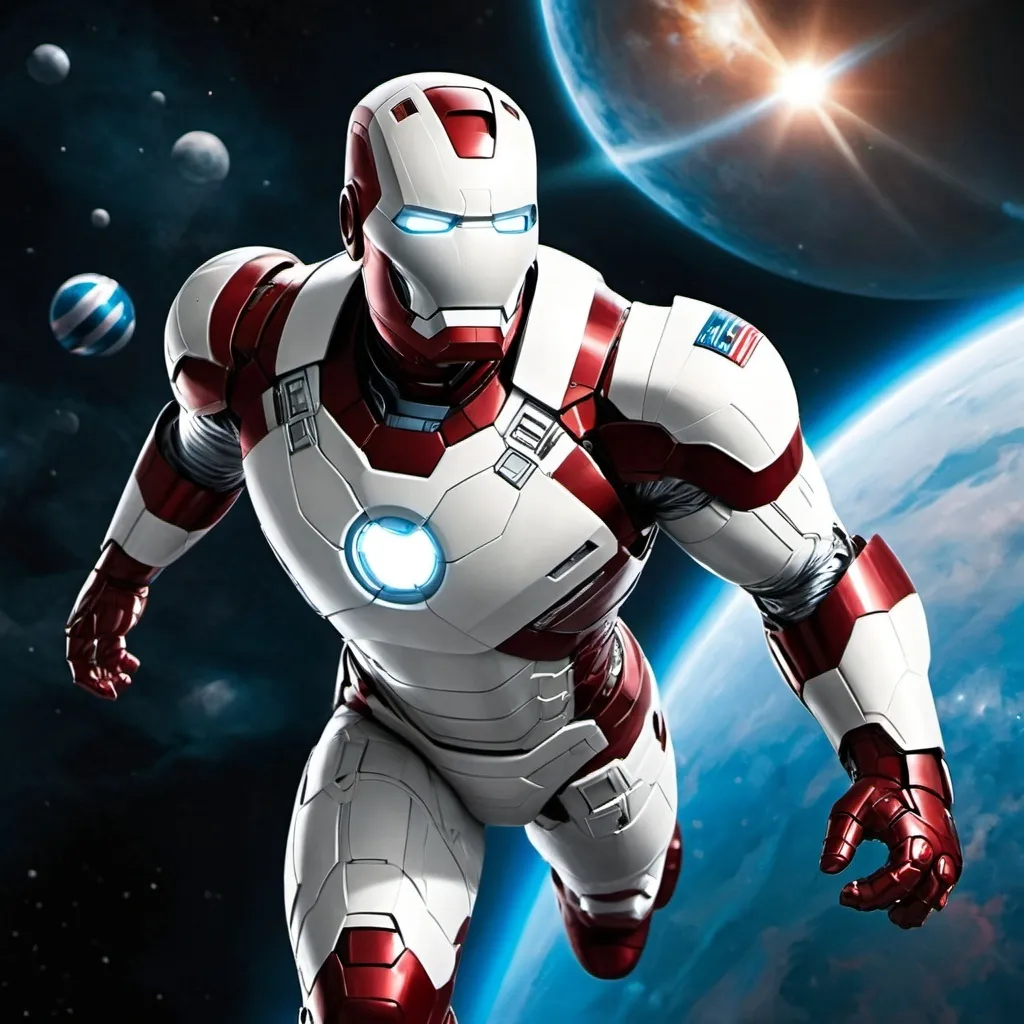 Prompt: White iron man in suit of captain America in space full of spacecraft 
