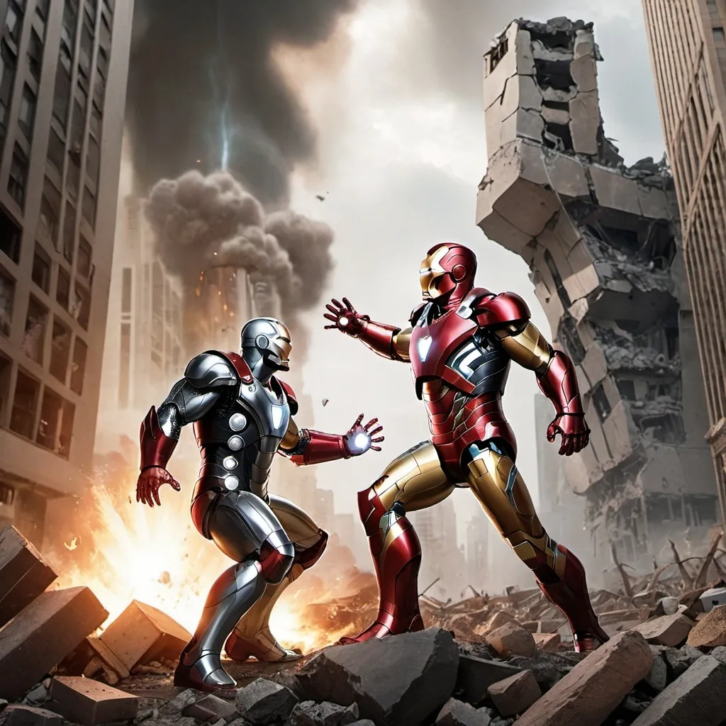 Prompt: Iron man fighting with thor in city and city was destroyed by Bombs