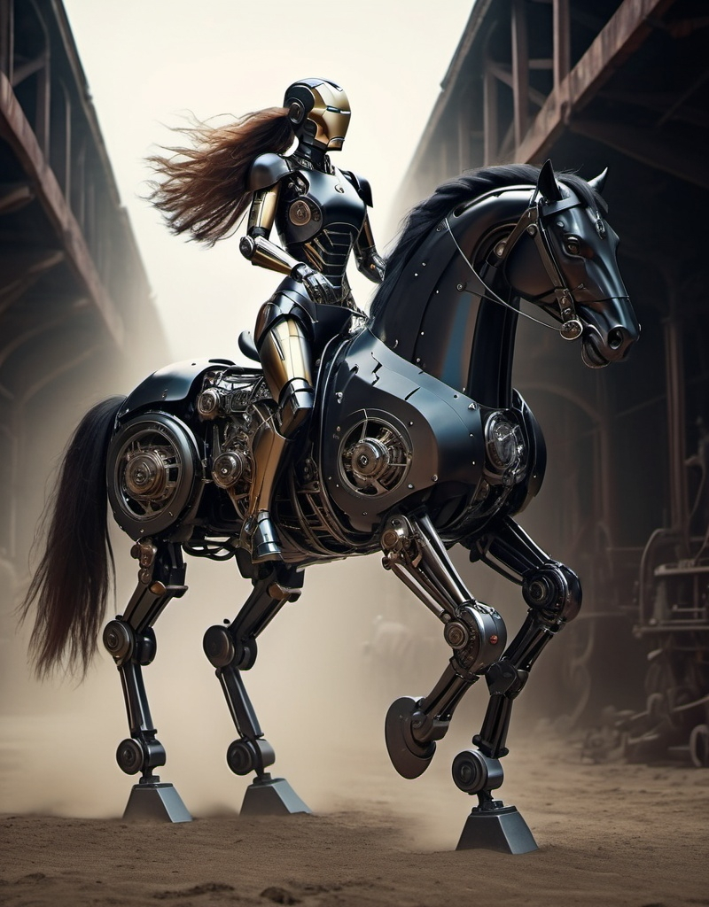 Prompt: (vintage) Black robotic horse, (Ironman) and (Ironwomen) riding advantageously, showcasing intricate mechanical details, background in a dramatic setting with muted colors, evocative atmosphere, hint of nostalgia, blending technology and equestrian elegance, (4K) ultra-detailed, striking contrast of light and shadow, evokes feelings of adventure and wonder.