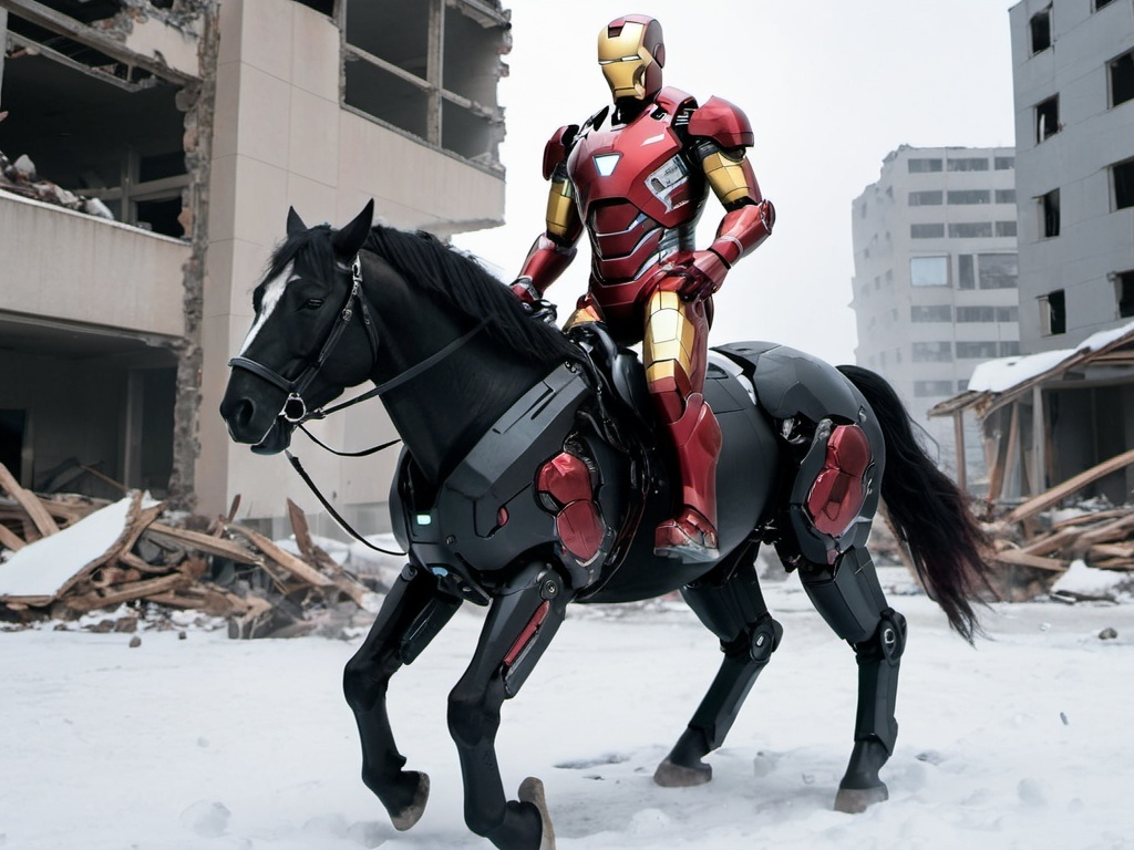 Prompt: Ironman in a red and black suit riding a black robotic horse in snow and a destroyed buildings 