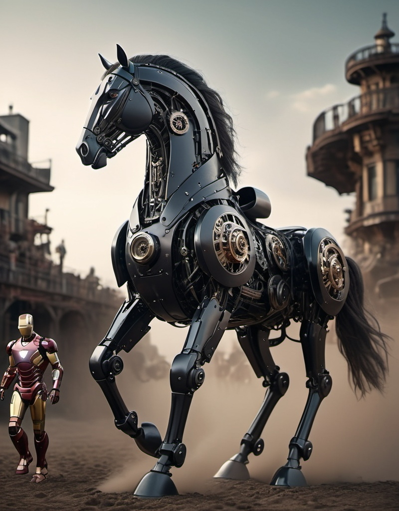 Prompt: (vintage) Black robotic horse, (Ironman) and (Ironwomen) riding advantageously, showcasing intricate mechanical details, background in a dramatic setting with muted colors, evocative atmosphere, hint of nostalgia, blending technology and equestrian elegance, (4K) ultra-detailed, striking contrast of light and shadow, evokes feelings of adventure and wonder.