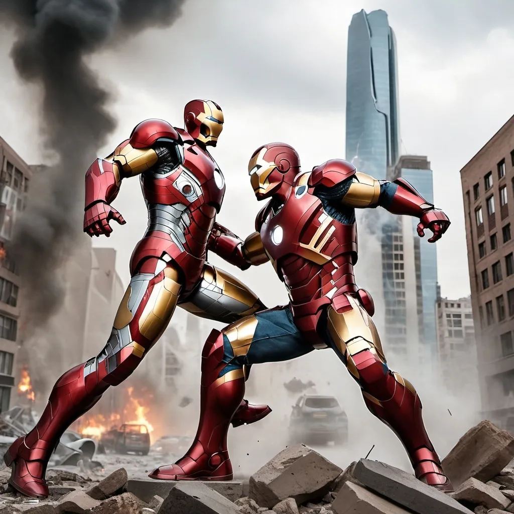 Prompt: Iron man fighting with thor in city and city was destroyed by Bombs