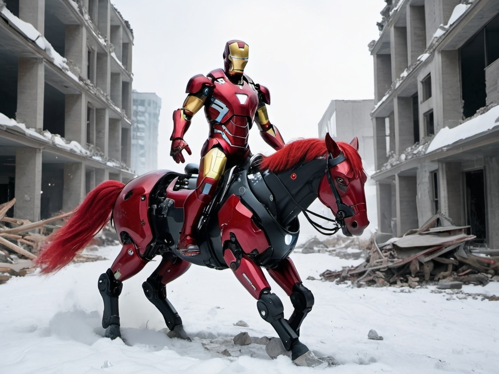 Prompt: Ironman in a red and black suit riding a black robotic horse in snow and a destroyed buildings 