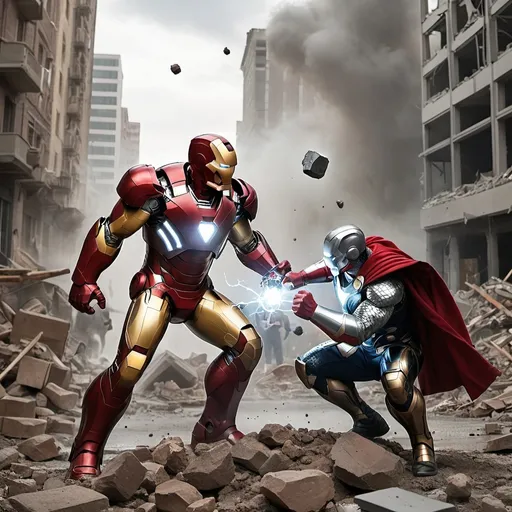 Prompt: Iron man fighting with thor with hammer in city and city was destroyed by Bombs