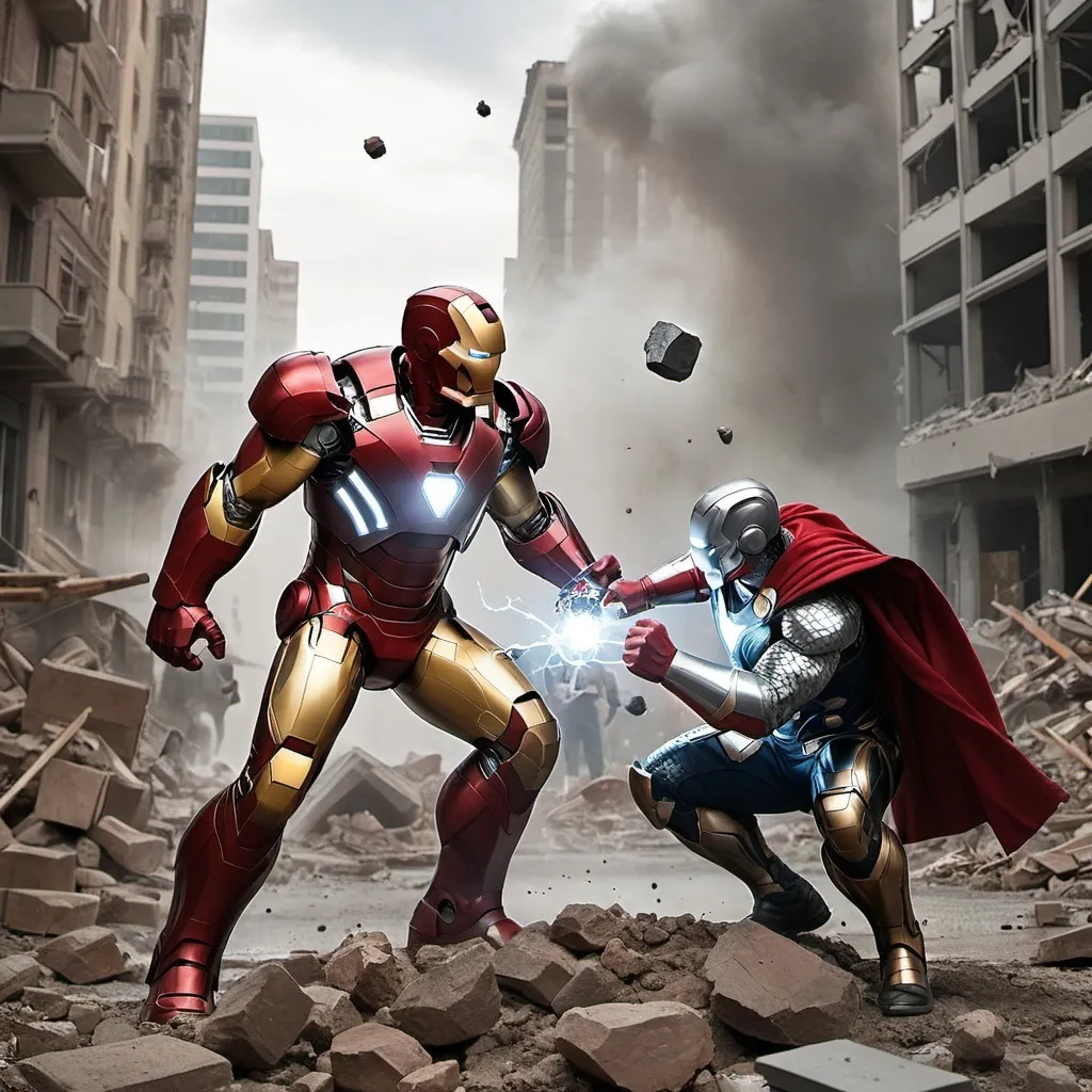 Prompt: Iron man fighting with thor with hammer in city and city was destroyed by Bombs