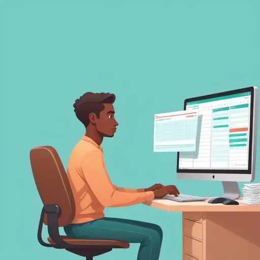 Prompt: side view human (brown skinned) at computer, stacks of emails, chat, video conference, calendar, task reminder, compose email page on screen , brand name  RATION,  flat illustration, light teal background