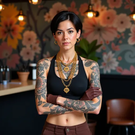 Prompt: @5ac7iR23tcQxW15SWHET is confidently standing in her tattoo parlor, she is covered in tattoos