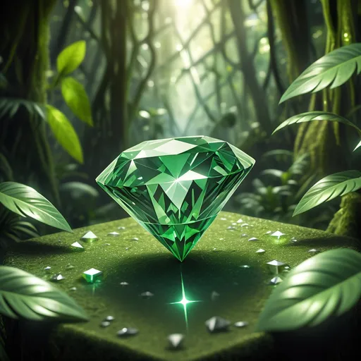 Prompt: A green diamond in the jungle with microchip showing quataum vibrations in green diamond.