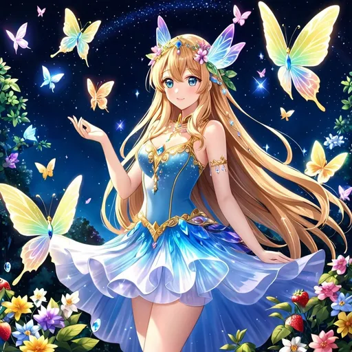 Prompt: anime, girl, detailed, crystal hair, gold ombré, flowers in hair, very detailed, long hair, white crystal eyes, ultra-detailed, fairies, magical aura, nature, goddess, cheeky, crystals, gems, correct anatomy, normal hands, five fingers, rainbows, magic feathers, graceful, night sky, jewels, diamonds, high pixies, magic, queen, flying, butterflies, glowing, strawberries