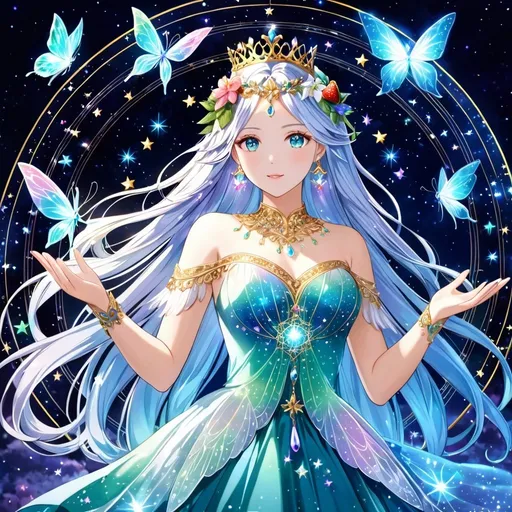 Prompt: anime, girl, detailed, crystal hair, gold ombré, flowers in hair, very detailed, long hair, white crystal eyes, ultra-detailed, fairies, magical aura, nature, goddess, cheeky, crystals, gems, correct anatomy, normal hands, five fingers, rainbows, magic feathers, graceful, night sky, jewels, diamonds, high pixies, magic, queen, flying, butterflies, glowing, strawberries, turquoise gown, royal, magic circle, Star signs, mystical 