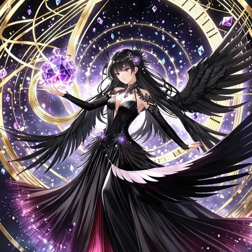 Prompt: anime, girl, detailed, gunmetal black hair, Lycoris radiata in hair, calm, metallic purple eyes, very detailed, very long hair, ultra-detailed, magical aura, gems, demon, graceful, flying, crystal elements, highres, black wings, musical notes, correct anatomy, normal hands, five fingers, black jeweled heels, black dress