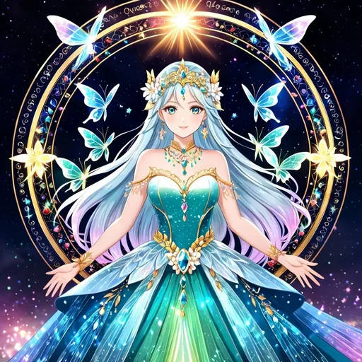 Prompt: anime, girl, detailed, crystal hair, gold ombré, flowers in hair, very detailed, long hair, white crystal eyes, ultra-detailed, fairies, magical aura, nature, goddess, cheeky, crystals, gems, correct anatomy, normal hands, five fingers, rainbows, magic feathers, graceful, night sky, jewels, diamonds, high pixies, magic, queen, flying, butterflies, glowing, strawberries, turquoise gown, royal, magic circle