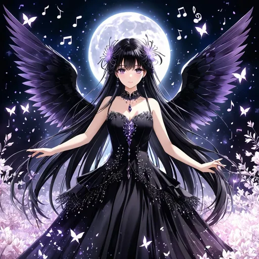 Prompt: anime, girl, detailed, gunmetal black hair, Lycoris radiata in hair, calm, metallic purple eyes, very detailed, very long hair, ultra-detailed, magical aura, gems, demon, graceful, flying, crystal elements, highres, black wings, musical notes, correct anatomy, normal hands, five fingers, long black dress, black six wings, black butterflies, music, moon, spirits, demons