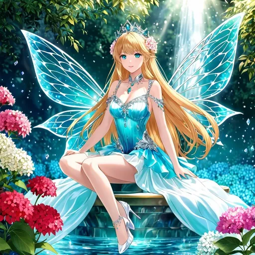 Prompt: anime, girl, detailed, blonde hair, red ombré, Fire and Ice Hydrangea in hair, very detailed, long hair, turquoise eyes, ultra-detailed, gems, crystals, pixies, flying, fairy wings, magical aura, graceful, jeweled white heels, fairies, correct anatomy, normal hands, five fingers, water, professional, Dianthus, silver royal throne