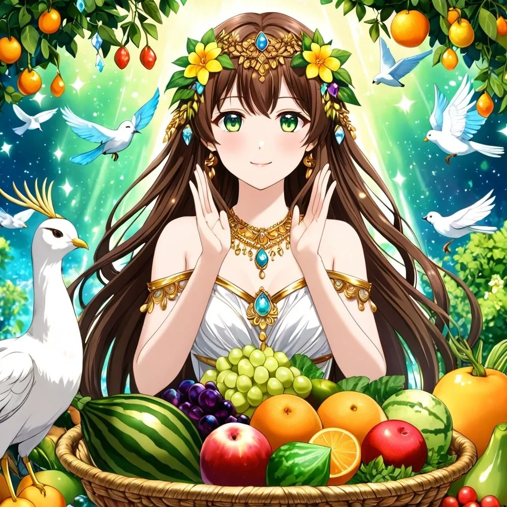 Prompt: anime, girl, detailed, brown hair, gold ombré, flowers in hair, very detailed, long hair, green eyes, ultra-detailed, animals, birds, magical aura, nature, goddess, cheerful, crystals, gems, correct anatomy, normal hands, five fingers, fruits, vegetables, big harvest