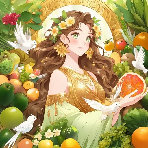 Prompt: anime, girl, detailed, brown hair, gold ombré, flowers in hair, very detailed, long hair, green eyes, ultra-detailed, animals, birds, magical aura, nature, goddess, cheerful, crystals, gems, correct anatomy, normal hands, five fingers, fruits, vegetables, big harvest