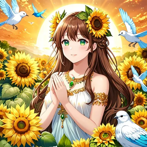 Prompt: anime, girl, detailed, brown hair, gold ombré, sunflower in hair, very detailed, long hair, green eyes, ultra-detailed, animals, birds, magical aura, nature, goddess, cheerful, crystals, gems, correct anatomy, normal hands, five fingers, fruits, vegetables, big harvest