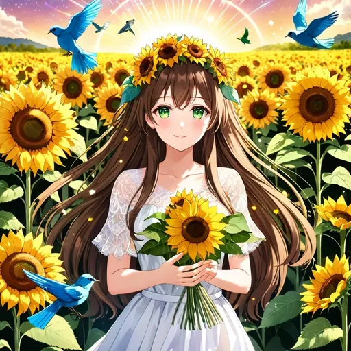 Prompt: anime, girl, detailed, brown hair, gold ombré, sunflower in hair, very detailed, long hair, green eyes, ultra-detailed, animals, birds, magical aura, nature, wild flower field, goddess, cheerful, crystals, minerals, correct anatomy, normal hands, five fingers, fruits