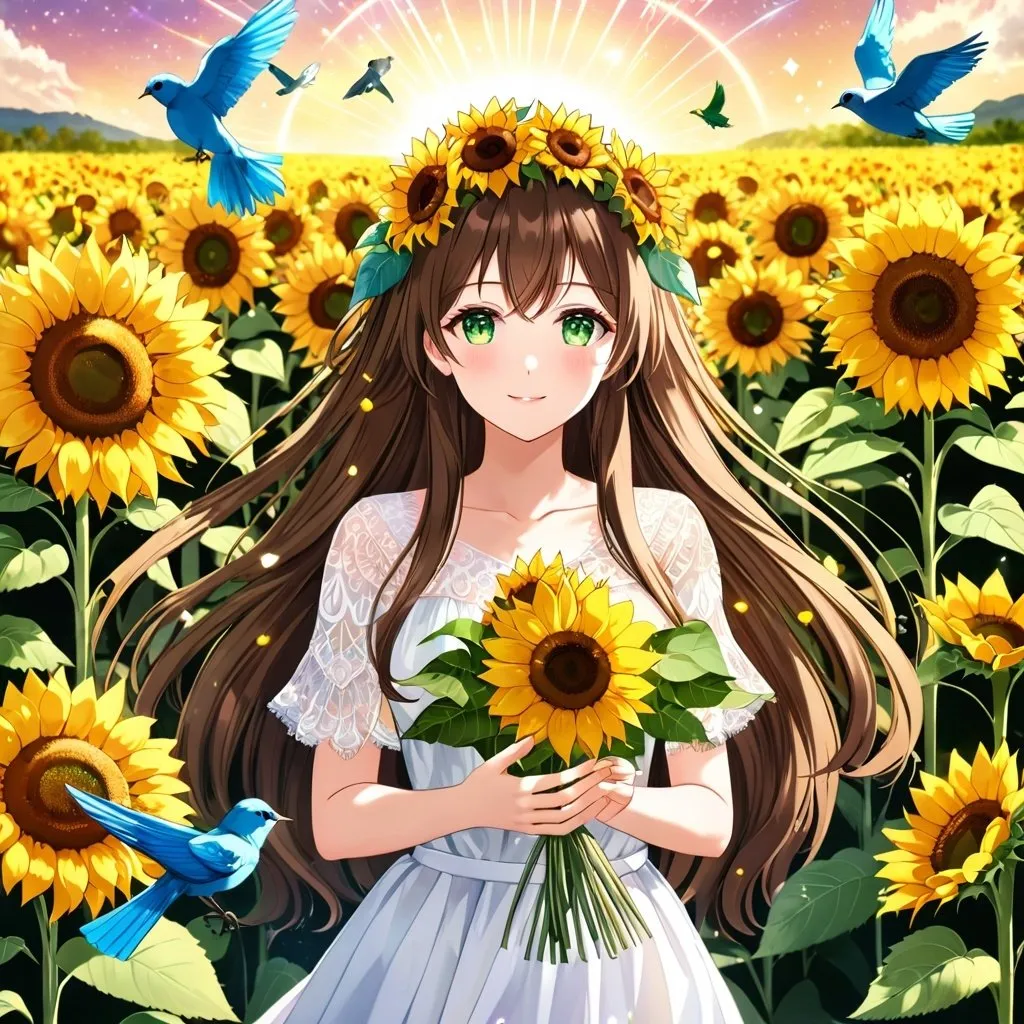 Prompt: anime, girl, detailed, brown hair, gold ombré, sunflower in hair, very detailed, long hair, green eyes, ultra-detailed, animals, birds, magical aura, nature, wild flower field, goddess, cheerful, crystals, minerals, correct anatomy, normal hands, five fingers, fruits