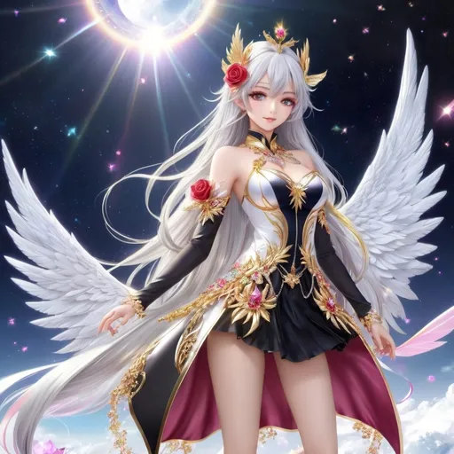 Prompt: anime, girl, detailed, silver hair, gold ombré, rose in hair, very detailed, long hair, platinum eyes, ultra-detailed, gems, crystals, pixies, flying, seraph wings, magical aura, graceful, jeweled white heels, fairies, rainbow, correct anatomy, normal hands, five fingers, sun, professional 