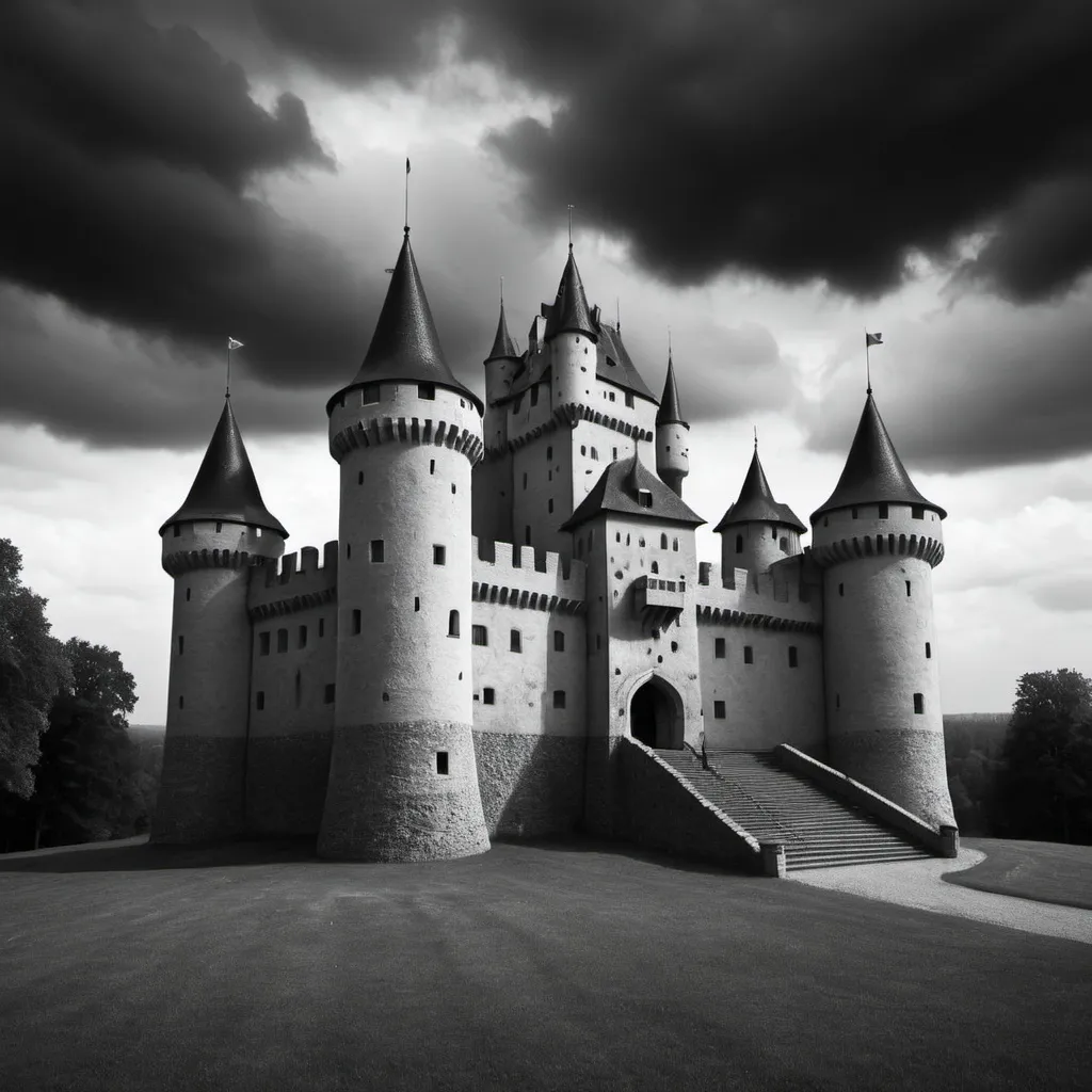 Prompt: design middle age castle with dark clouds in black white


