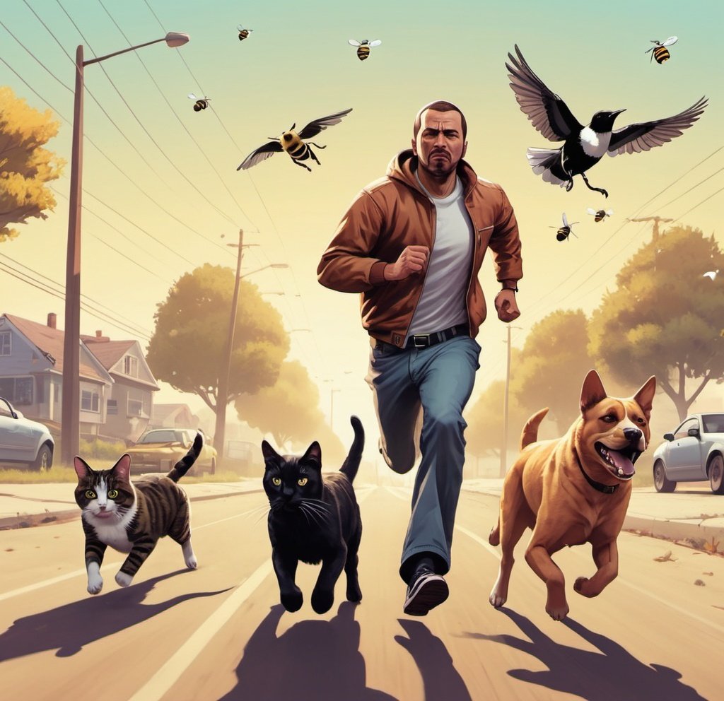 Prompt: A man chasing a dog, which is chasing a cat, which is chasing a bird which is chasing a bee. they are all running in a line, do in GTA cover art style