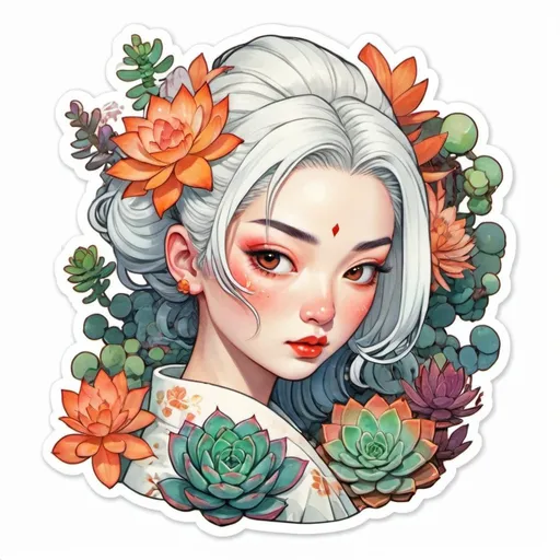 Prompt: STICKER, sticker design, SOLID background, white background, SHARP FOCUS of A Detailed watercolor, RetroBeautiful cute front portrait japanese geisha succulents, big long curly leafs, herbs pastel colors, flowers orange by victo ngai, kilian eng, dynamic lighting, digital art, art by james jean, takato yamamoto, inkpunk minimalism, high resolution 8k, SOLID BACKGROUND< white background, Floral Splash, Rainbow Colors, Redbubble Sticker,Splash In Vibrant Colors, 3D Vector Art, Cute And Quirky, Adobe Illustrator, HandDrawn, Digital Painting, LowPoly, Soft Lighting, Bird'sEye View, Isometric Style, Retro Aesthetic, Focused On The Character, 4K Resolution, STICKER DESIGN SOLID WHITE BACKground 