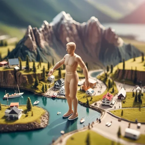 Prompt: aerial view, tilt-shift, isometric miniature world, detailed landscape world render with tiny houses and boats, mountains with lakes