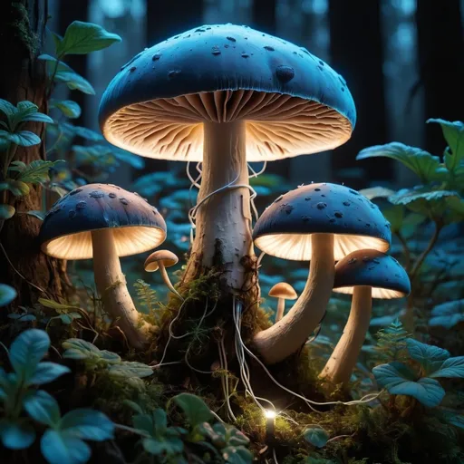 Prompt: A mushroom mycelium network communicating electronically with other mushrooms, and plants using it's electric mycelium network. It is night. Use dark colors and blue colors.