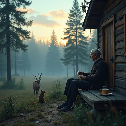 Prompt: An elderly Nikola Tesla, thin but serene, sits peacefully on the porch of a small wooden cabin deep in a quiet forest, surrounded by tall pine trees and morning mist. He wears a cozy cardigan, simple house clothes, and slippers. A teacup rests beside him, and he gazes calmly into the woods, lost in thought. Beside him hums a small custom-built Tesla coil, gently glowing. A squirrel perches nearby on the railing, and in the distance, a deer stands quietly among the trees. On the roof of the cabin, a small windmill spins slowly, connected to rudimentary wiring. The sky is soft blue with warm light peeking through the trees.

The atmosphere is tranquil, timeless, and reverent — as if nature and science coexist in quiet harmony.

Visual Style: Hyper-realistic cinematic lighting, golden-hour softness, rich forest textures, a gentle balance of human invention and untouched nature.

