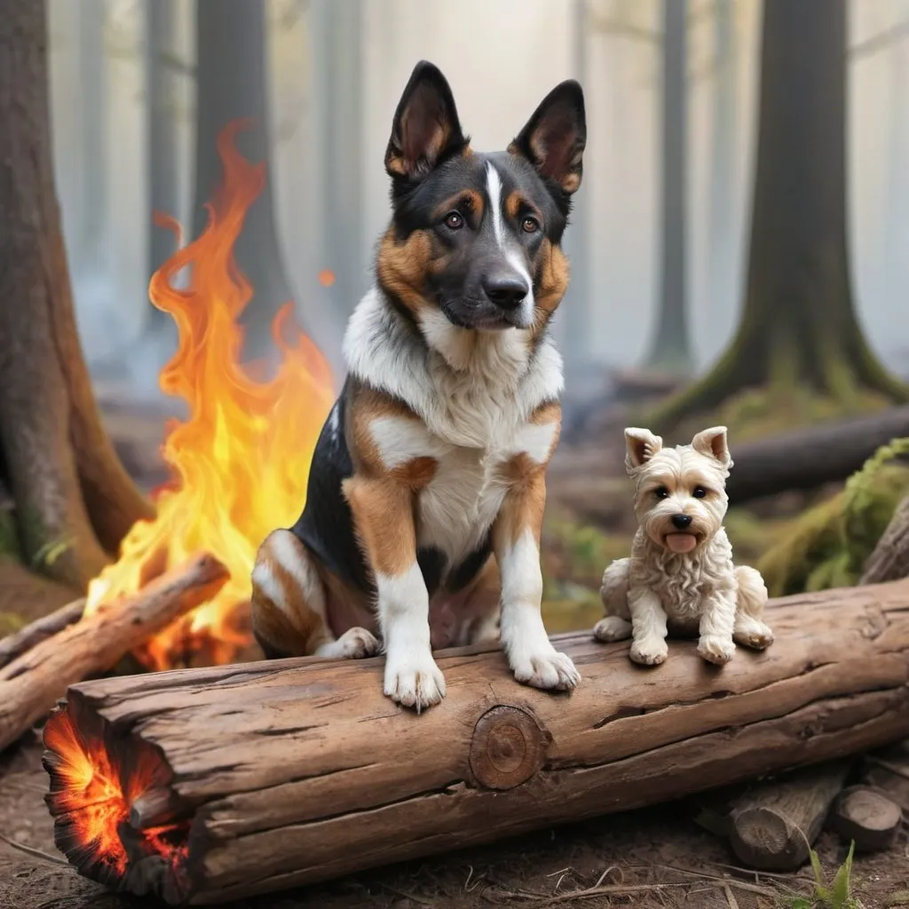 Prompt: dog siting on a log while a fire realistic germen sheperd

