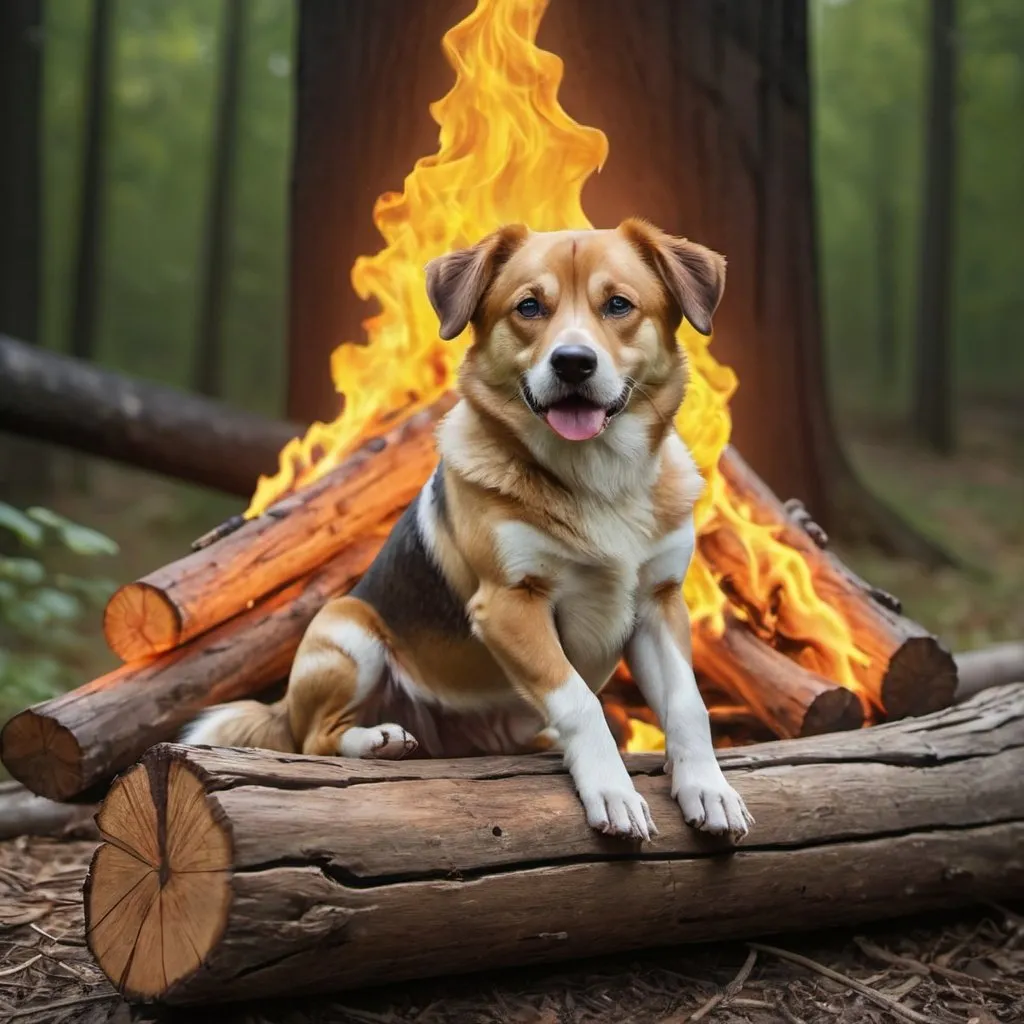 Prompt: dog siting on a log while a fire realistic
