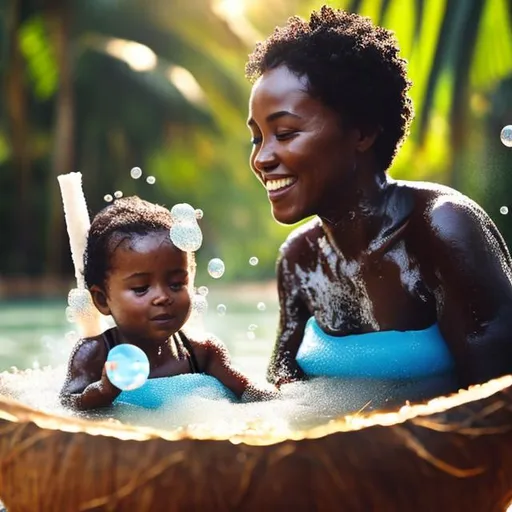 Prompt: black mother and baby daughter bathing in a cut coconut full of foam bubbles 