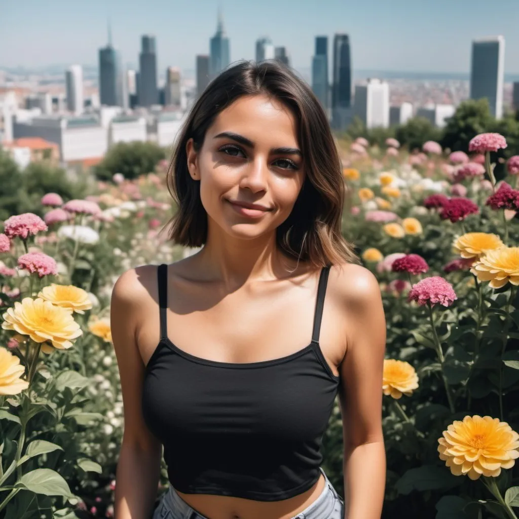 Prompt: a woman in a black top and shorts posing for a picture in a flower garden with a city in the background, Emma Ríos, private press, profile picture, a picture