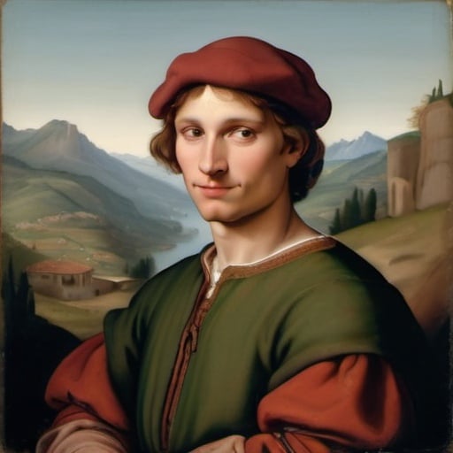 Prompt: A painted portrait of a man with very rounded and soft facial features in the style of Italian Renaissance painter Raphael with mountains in the background. Gentle lighting, soft shadows. Ovular face. Round cheeks. Small lips. 